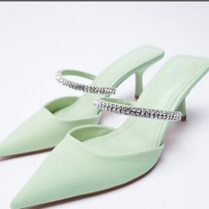 Brand New Zara Teal Fabric Rhinestones Strap Pointed Toe size 39